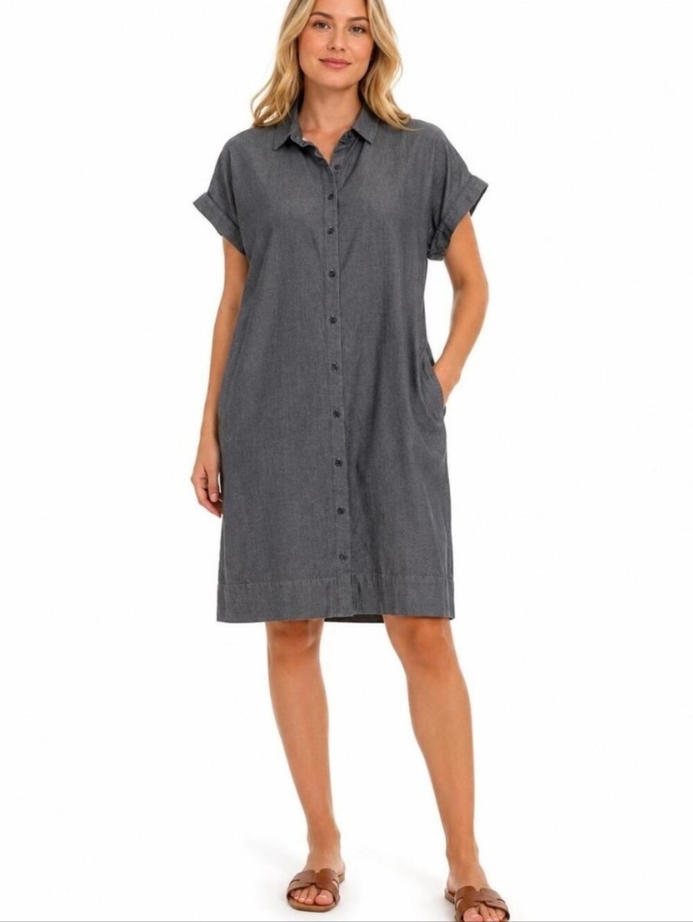 Eileen Fisher Womens Mini Black Gray Denim Shirt Dress Organic Cotton Size SM P